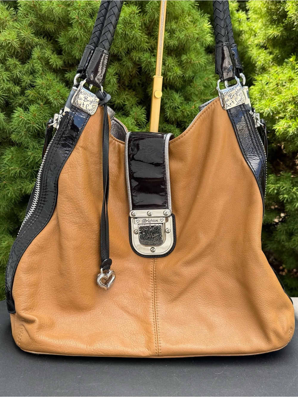Brighton Fashionista City Block Dovima Two-Tone Tan and Black Leather Hobo Bag